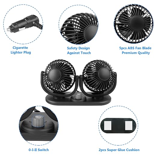 12V Car Fans Cooling Air Fan Powerful Dashboard Electric Dual Car Fan Cigarette - Image 3