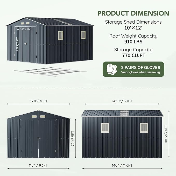 10x12 FT Outdoor Metal Storage Shed - Image 2