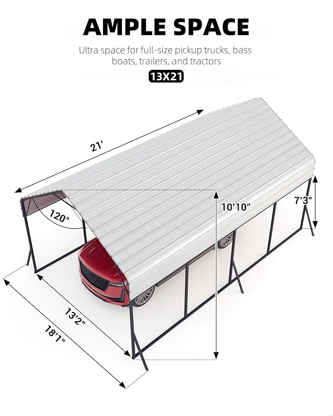 13'x21'x11' Oversized Metal Carport, Steel Heavy Duty Carport - Image 9