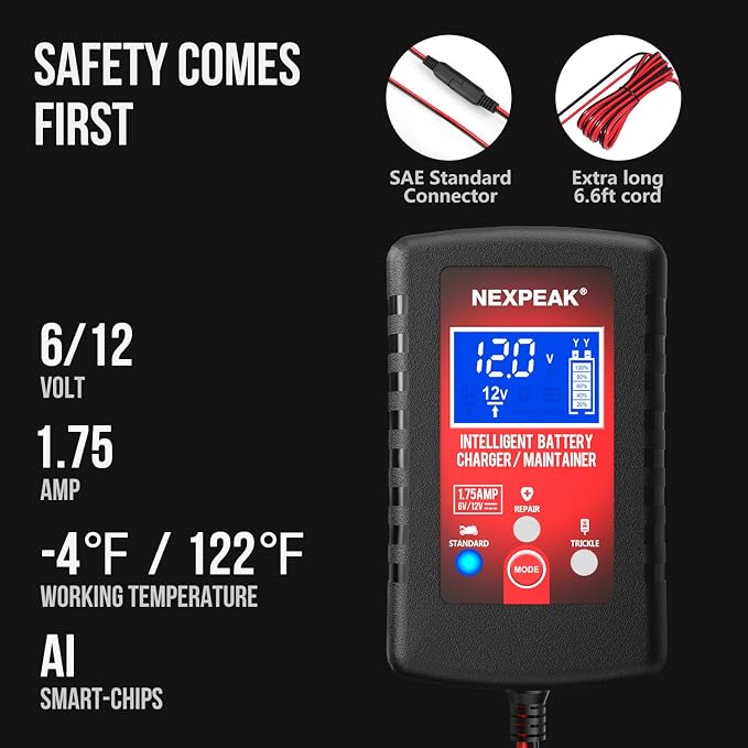 1.75-Amp Car Battery Charger, 6V and 12V Smart Fully Automatic Battery Charger - Image 5