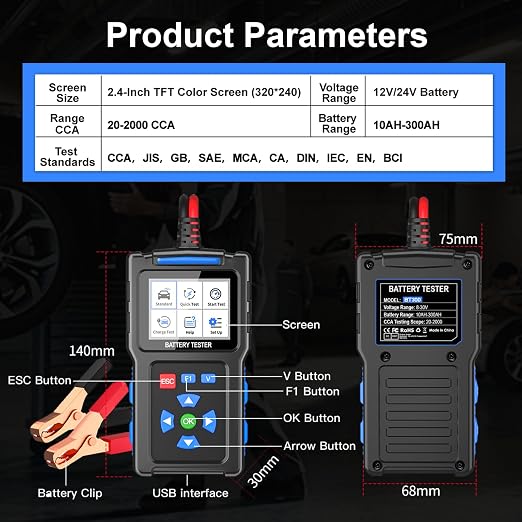 Car Battery Tester 12V 24V, Topdiag BT300 Auto Battery Load Tester, 20-2000 CCA - Image 6