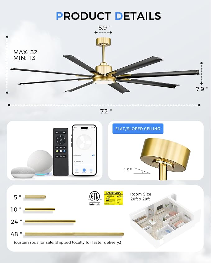 Industrial Ceiling Fan With Light, 72 Inch Black & Gold Ceiling Fan With 8 - Image 7