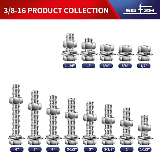 3/8-16 x 1" Hex Head Screw Bolt, Flat & Lock Washers, Fully Threaded, by SG TZH - Image 3