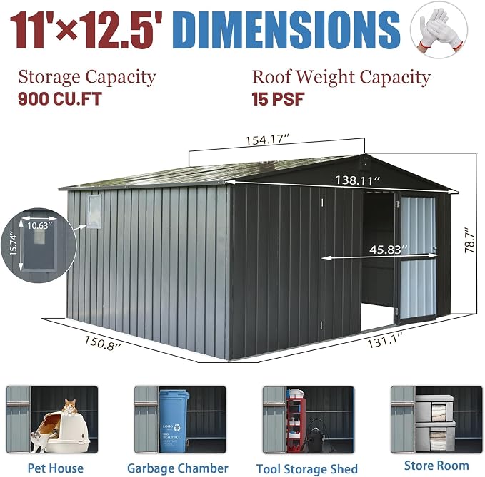 IKERY Extra - Large Galvanized Steel Storage Shed - 11' x 12.5' - Image 7