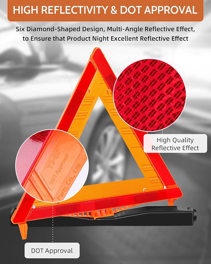 Noone Safety Triangles DOT Approved, 3 Pack Foldable Warning Reflective - Image 2