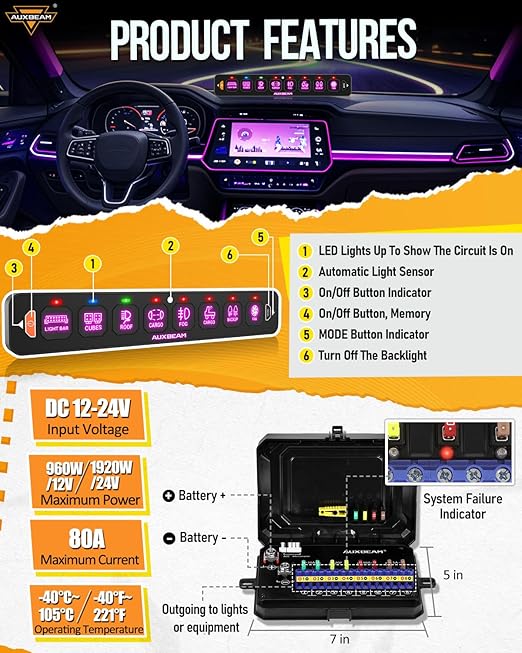 Auxbeam 8 Gang Slim Switch Panel RGB AS-R80 Toggle Momentary Pulsed Dimmable - Image 4