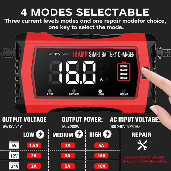16 Amp Battery Charger, Car Battery Charger 6V 12V 24V Lithium, Battery - Image 2