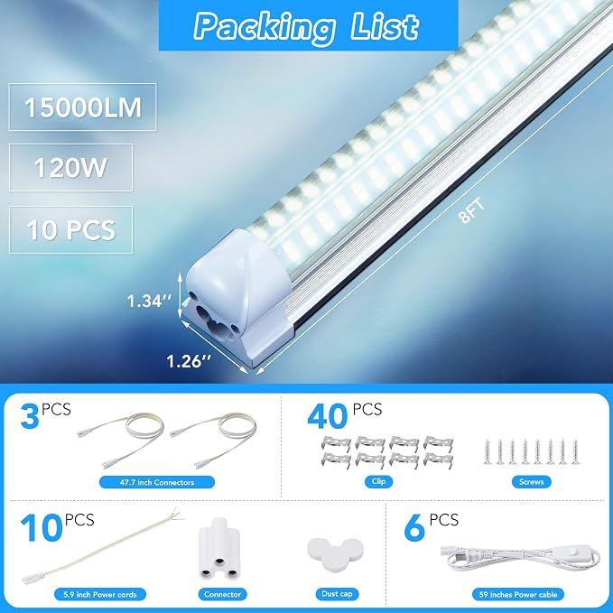 10 Pack 8FT T8 LED Shop Lights, 120W Integrated Tube Light, 19200LM 6000-6500K - Image 5