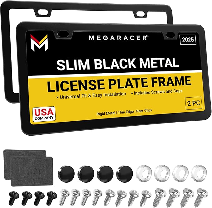 Premium Slim Matte Black License Plate Frames – 2 Pack, Rust-Free Stainless by MegaRacer