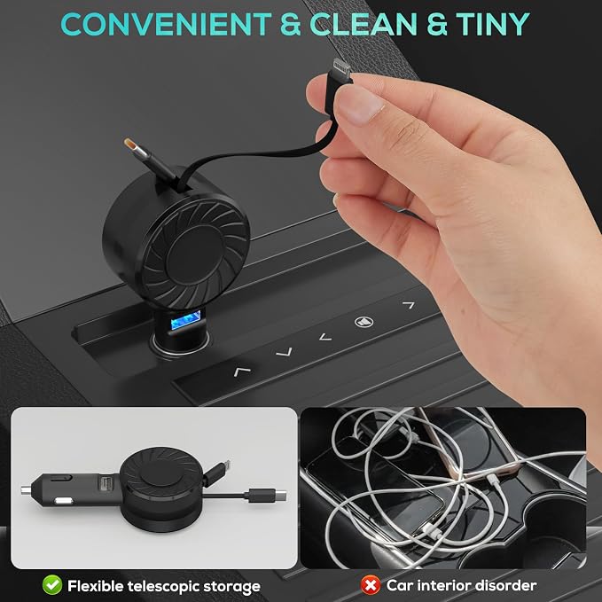 Retractable Car Charger, 3 in 1 Fast Charging Car Phone Charger 50W, Mini - Image 4