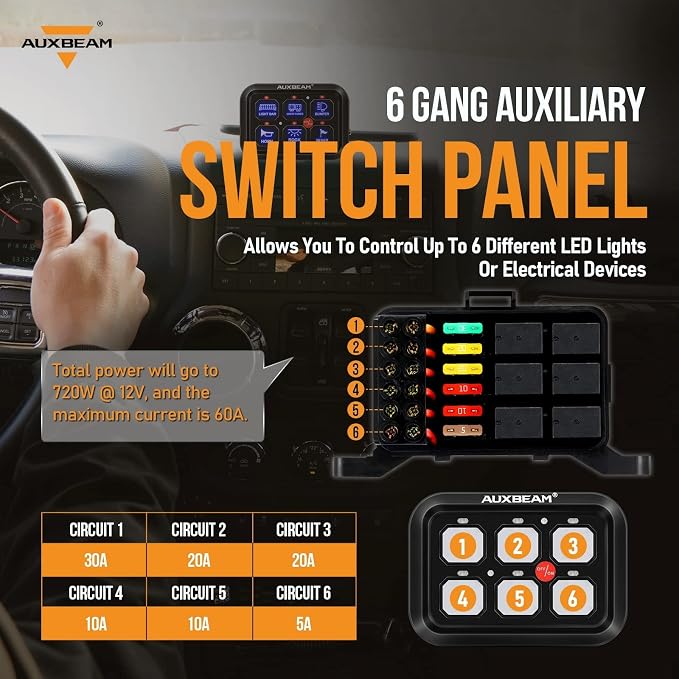 Auxbeam 6 Gang Switch Panel BC60 Universal Circuit Control Relay System - Image 3