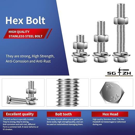 1/2-13 x 2" Hex Head Screw Bolt, Flat & Lock Washers, Fully Threaded, by SG TZH - Image 4