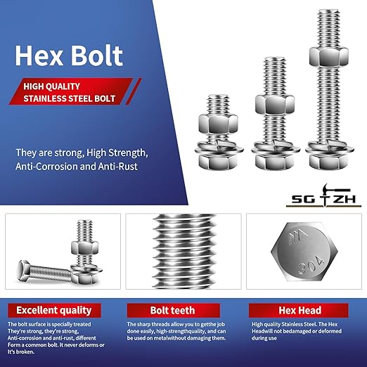 3/8-16 x 1-1/2" Hex Head Screw Bolt, Flat & Lock Washers, Fully Threaded - Image 4