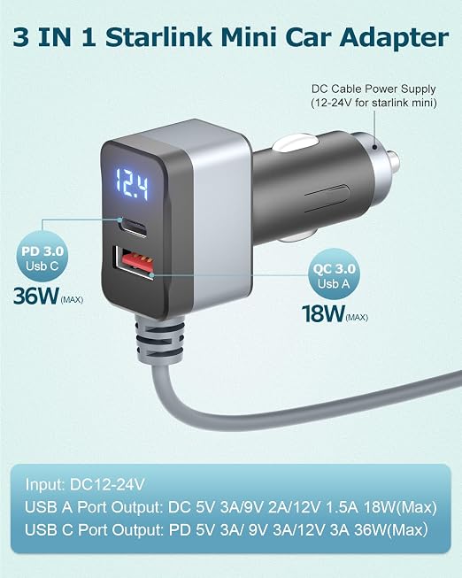 3 in 1 Starlink Mini Cable 12V Adapter 10FT Car Charger - Image 2