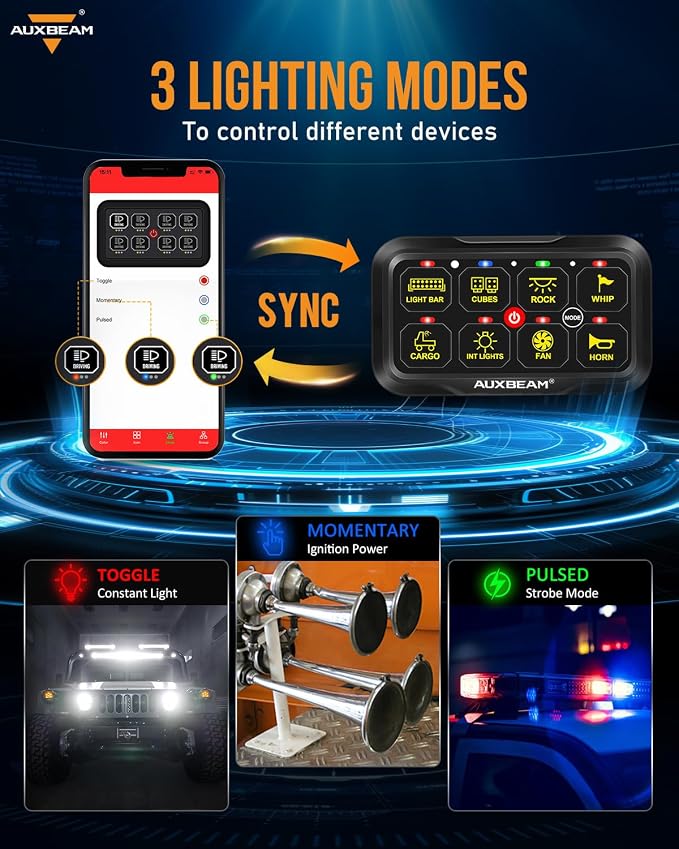 Auxbeam RGB Bluetooth 8 Gang Switch Panel AR-820 Toggle Momentary Pulsed Switch - Image 2