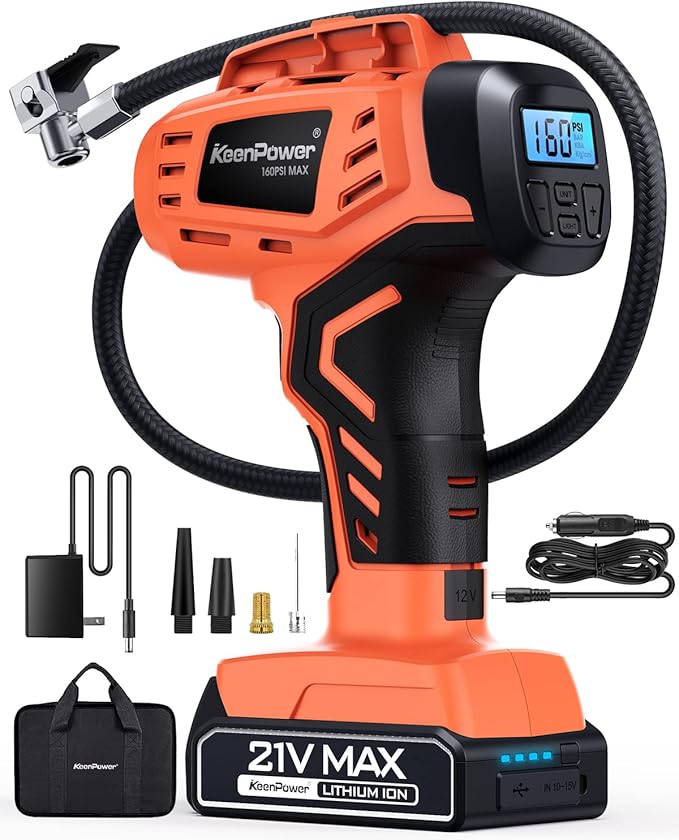 Tire Inflator Air Compressor, 21V Cordless Car Tire Pump by KeenPower