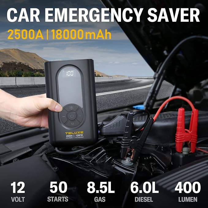 TELUXE Jump Starter with Air Compressor, 2500A 150PSI Car Battery Jump Starter - Image 2
