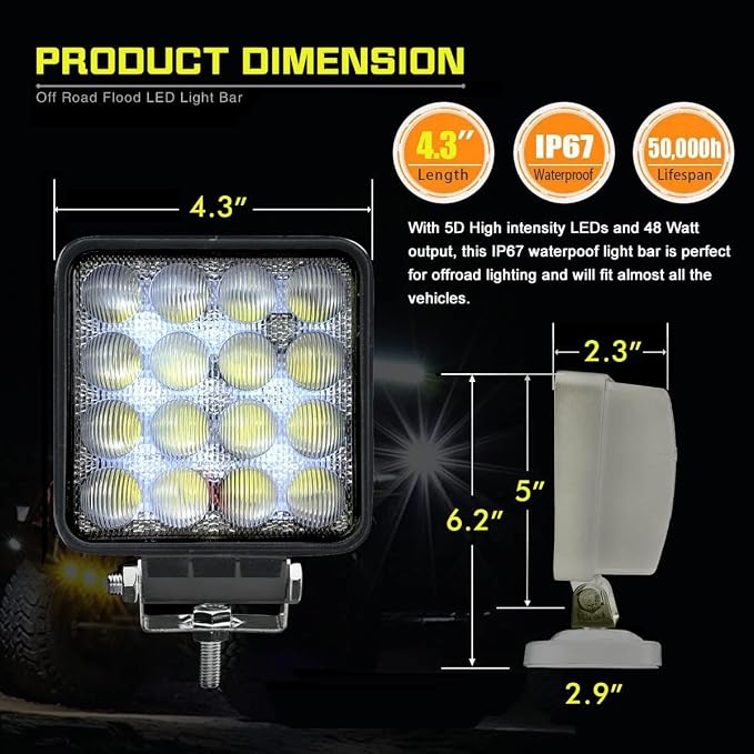 2PACK 48W LED Work Lights 12/24 Volt 5500LMS 4.3INCH Wide Ultra Bright Square - Image 5