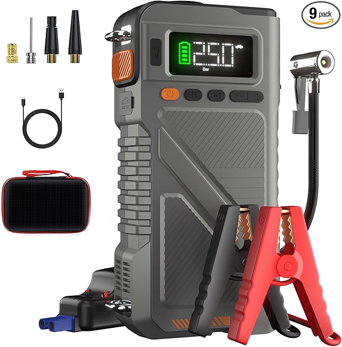 Portable Car Jump Starter with Air Compressor, 8000A Jump Box Combo 150PSI Tire by Geeneu