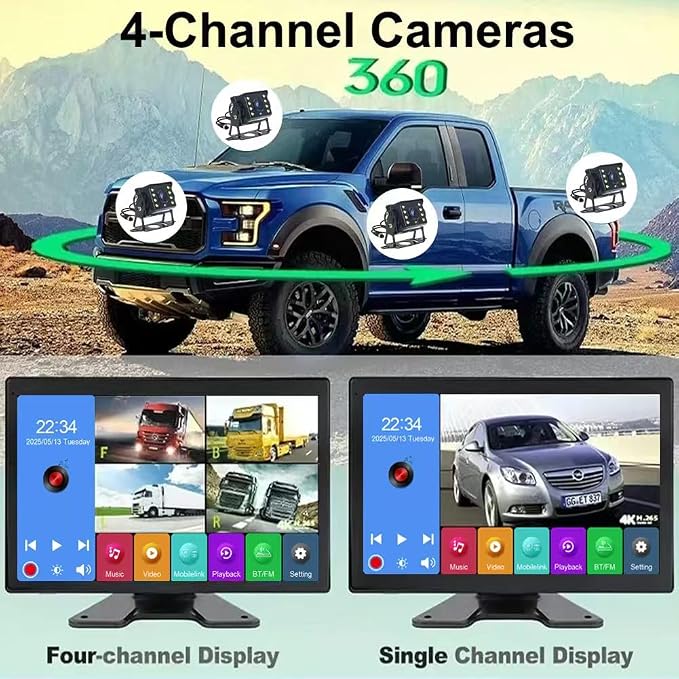 4K RV Backup Camera System, 10.1" Quad Split Touchscreen Monitor - Image 3