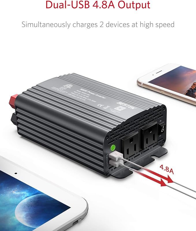BESTEK 500W Power Inverter DC 12V to 110V AC Converter - Image 2