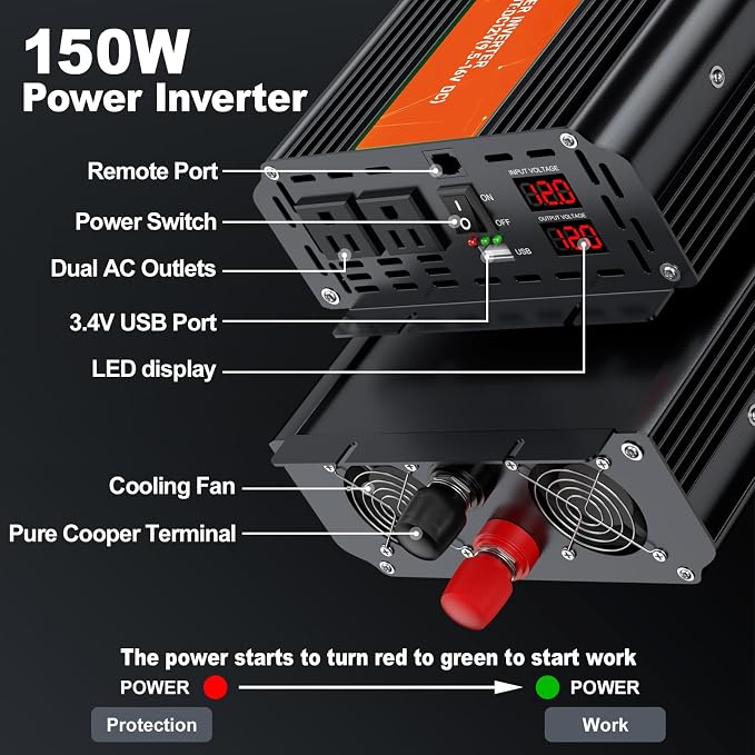 3000W Power Inverter, Peak Power 6000W 12V DC to AC 110V120V, Remote Control - Image 2