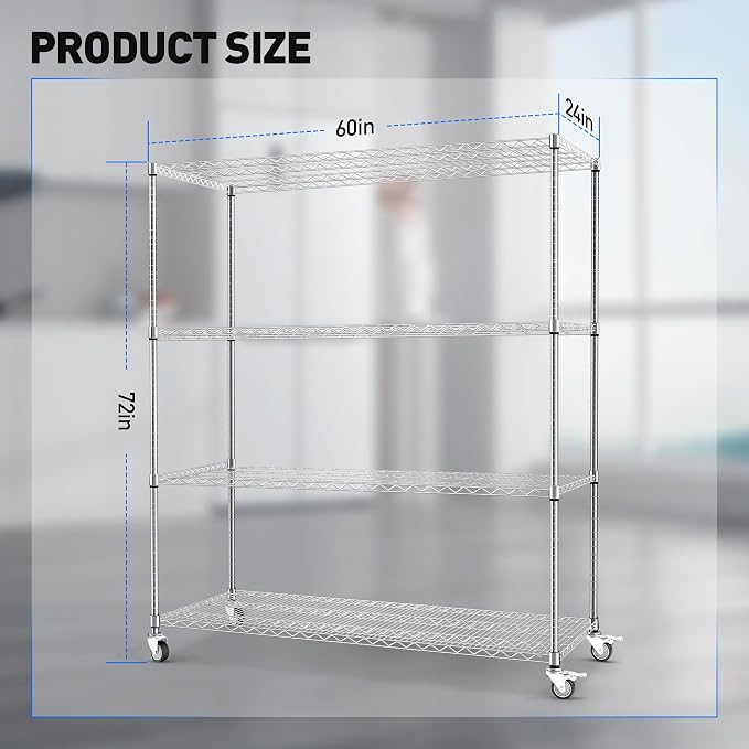 Rengue Wire Shelving with Wheels, 4-Tier Heavy Duty Garage Storage Shelves - Image 3