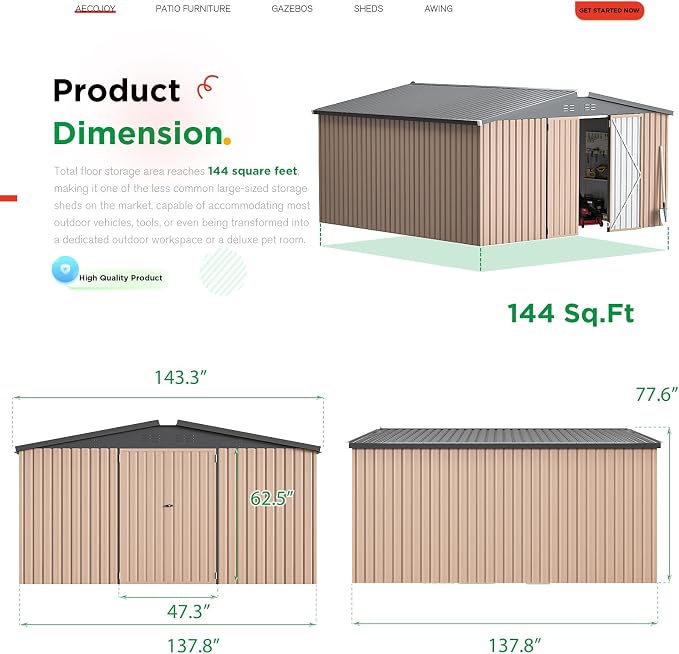 AECOJOY 12' x 12' Shed Metal, Outdoor Storage Sheds & Outdoor Storage 12' x 12' - Image 4