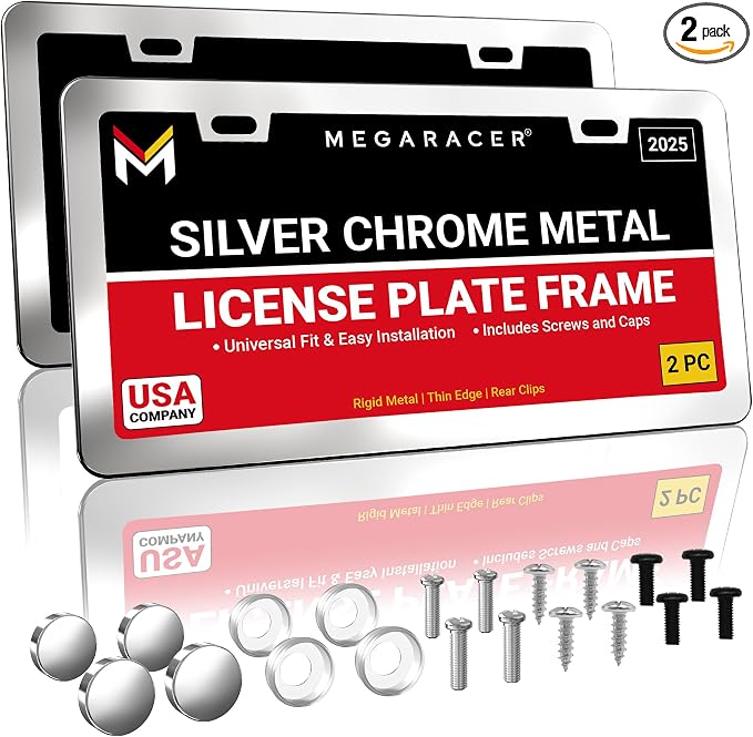 Premium Slim Polished Mirror Chrome License Plate Frames – 2 Pack, Rust-Free by MegaRacer
