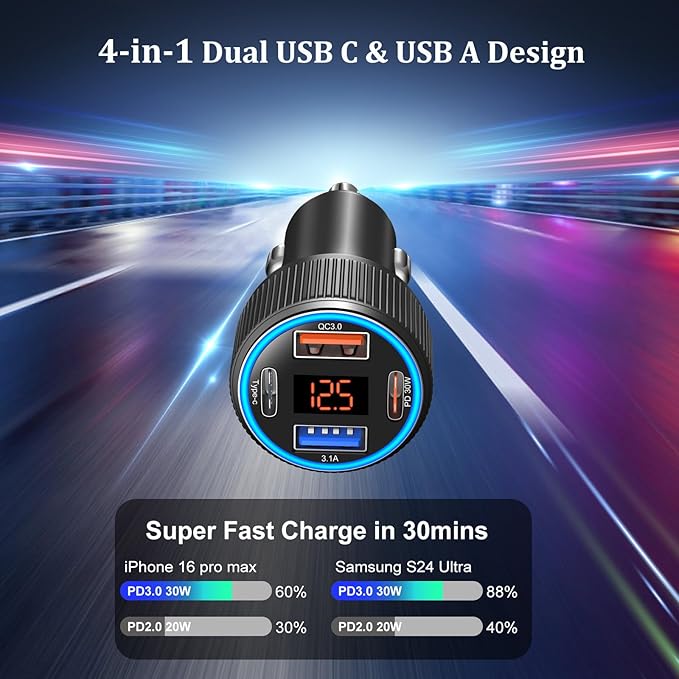 USB C Car Charger, Costyle 65W Dual USB-C & USB-A Multi Port Cigarette Lighter - Image 2
