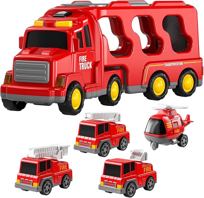 TEMI Fire Toys for 3 4 5 6 Years Old Boys Girls - 5 in 1 Carrier Truck by TEMI