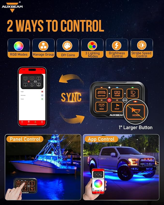 Auxbeam 6 Gang Switch Panel Bluetooth RGB AR-600 - Image 2