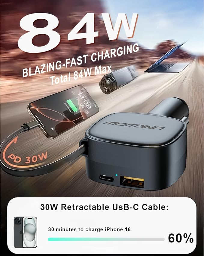 Retractable Car Charger USB C, 84W Max, Ultra-Compact, Type-C Fast Charger - Image 2