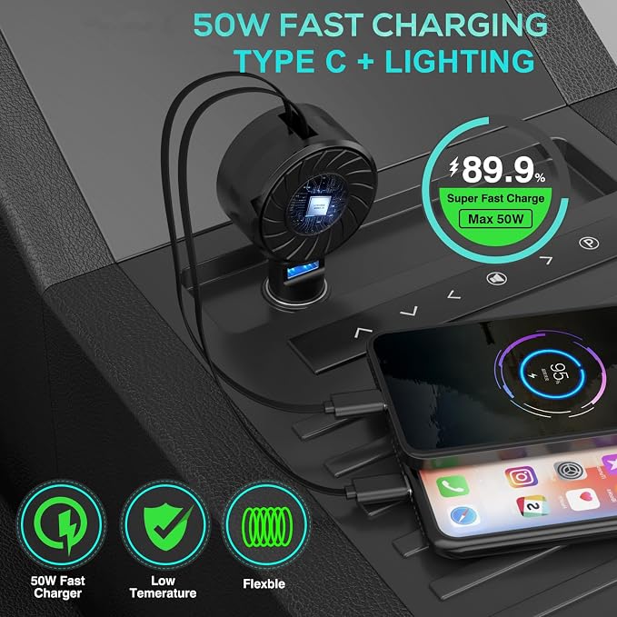 Retractable Car Charger, 3 in 1 Fast Charging Car Phone Charger 50W, Mini - Image 3