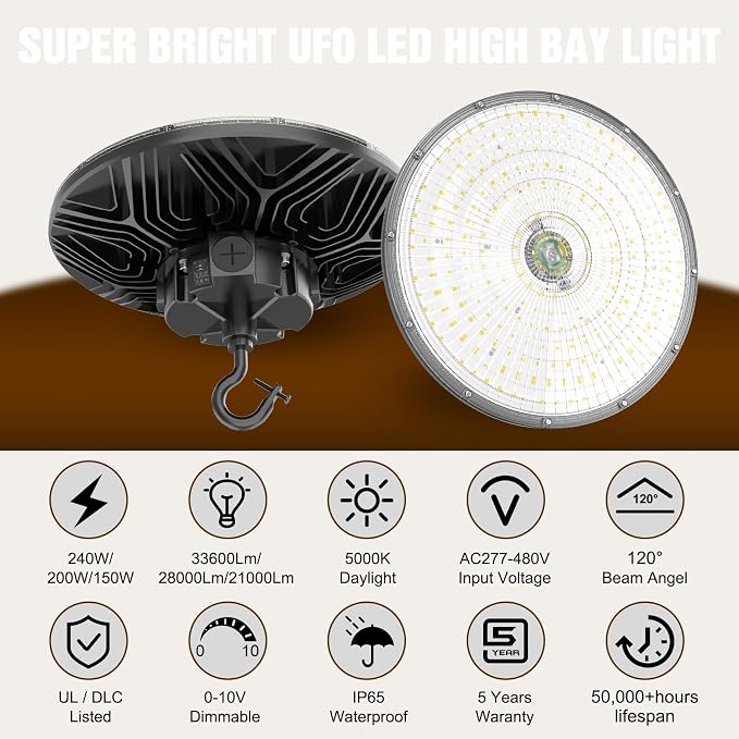 9 Pack 480V LED High Bay Light UL DLC Listed UFO Light 240W 200W 150W Adjustable - Image 2
