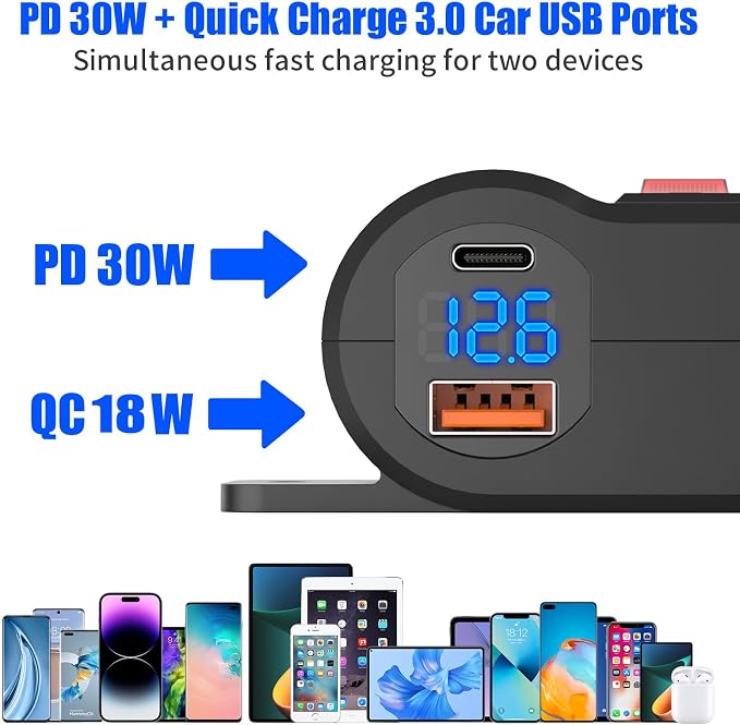 2-in-1 Surface Mount 12V USB Outlet Cigarette Lighter Socket, PD 30W and QC18W - Image 2