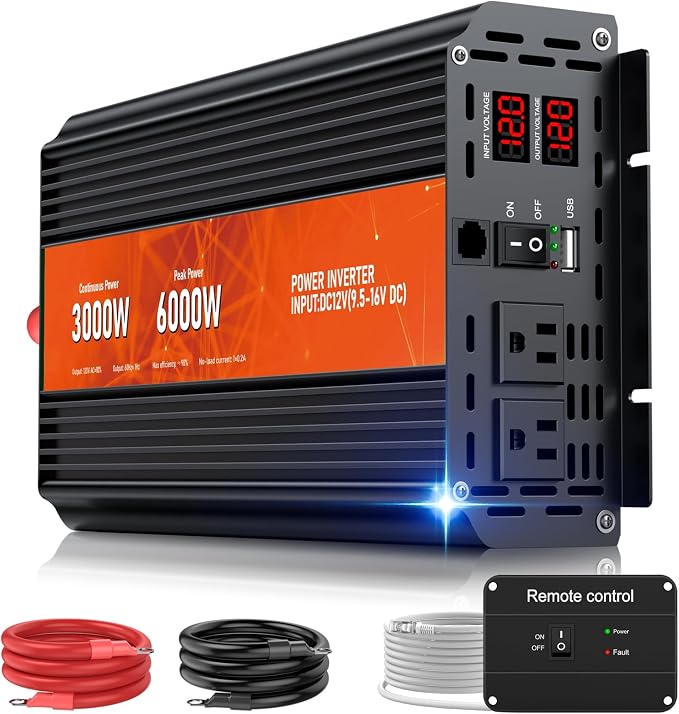 3000W Power Inverter, Peak Power 6000W 12V DC to AC 110V120V, Remote Control by HONOURLIGHT