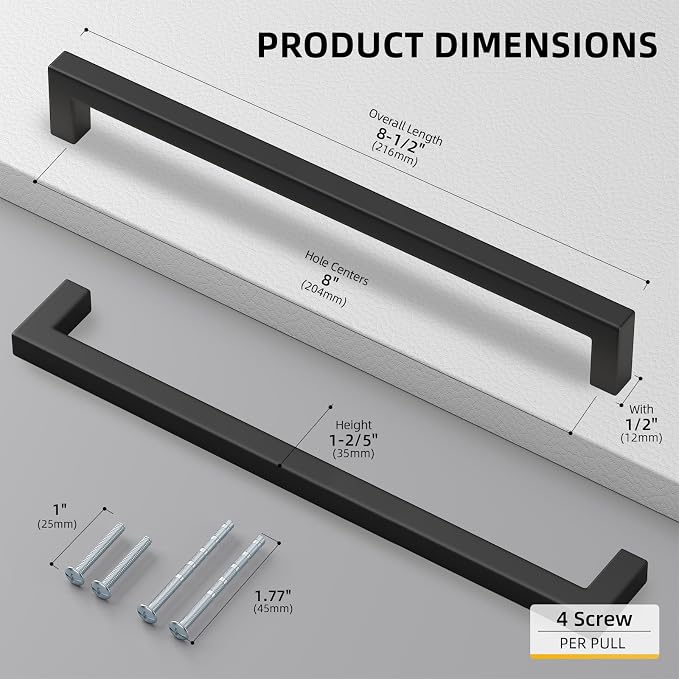 goldenwarm 1Pack 8INCH Matte Black Cabinet Pulls Kitchen Hardware, 204mm Square - Image 2