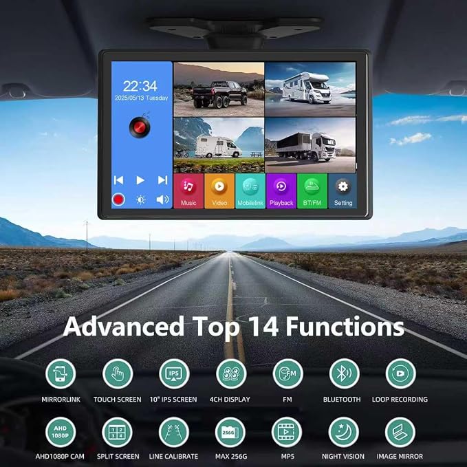 4K RV Backup Camera System, 10.1" Quad Split Touchscreen Monitor - Image 2
