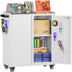 Garage Storage Cabinet with Wheels & Pegboard, 34.3" H Locking Metal Tool by GANGMEIMENTALSTORAGECABINET