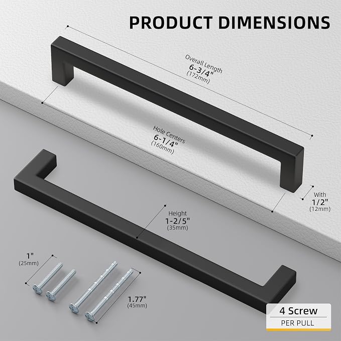 goldenwarm 60 Pack 6-1/4INCH Black Square Bar Cabinet Pull Drawer Handle - Image 2