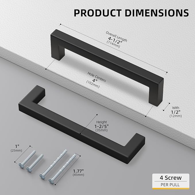 Goldenwarm 1 Pack Black Square Bar Cabinet Pull Drawer Handle Stainless Steel - Image 2