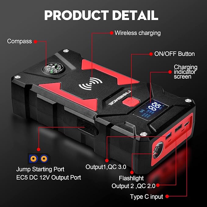 Car Jump Starter, 6000A Peak 26800mAh 12V Car Battery Starter, - Image 3