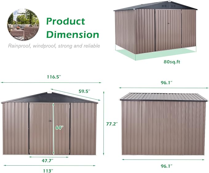 AECOJOY Shed 8' x 10' Outdoor Storage Metal Shed, Steel Yard Shed - Image 2