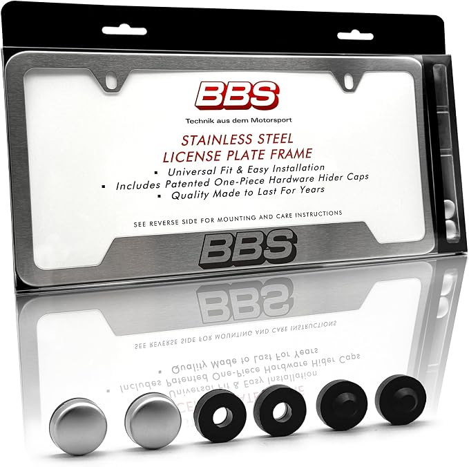 BBS Official Brushed Chrome Stainless Steel License Plate Frame – Made in USA – by MegaRacer