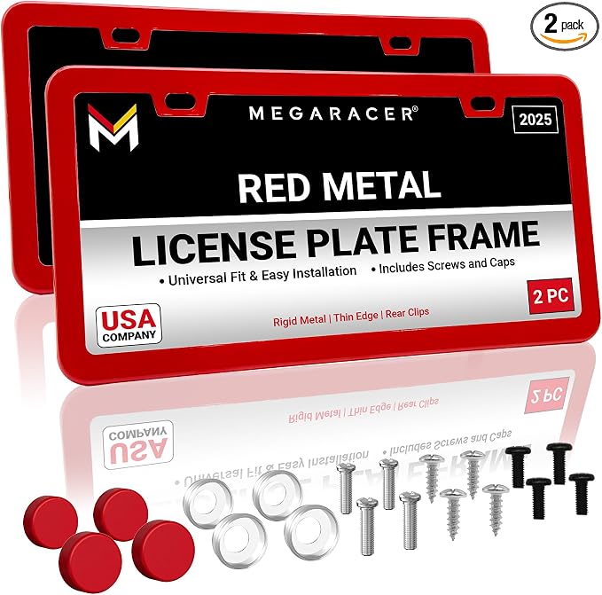 Premium Slim Red License Plate Frames – 2 Pack, Rust-Free Stainless Steel by MegaRacer