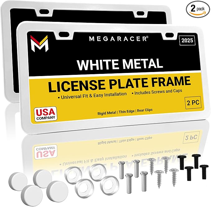 Premium Slim White License Plate Frames – 2 Pack, Rust-Free Stainless Steel by MegaRacer