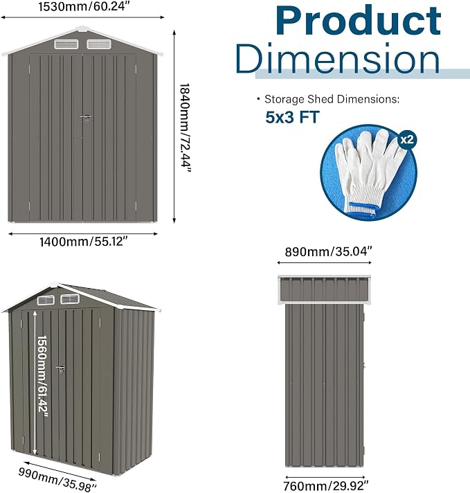 IKERY 5X3 FT Metal Outdoor Storage Shed, Tool Shed - Image 6