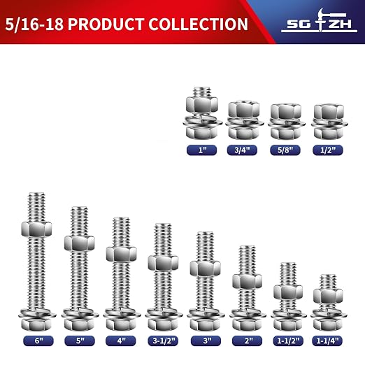 5/16-18 x 3-1/2" Hex Head Screw Bolt, Flat & Lock Washers, Fully Threaded - Image 3