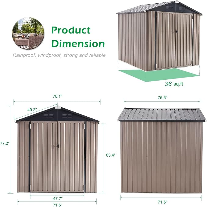 AECOJOY 6' x 6' Outdoor Storage Shed, Metal Shed - Image 6